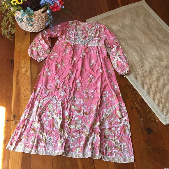 Boho Gypsy Hendrix Floral Pink Peasant Dress Gown hippie free spirit bohemian L - Picture 3 of 14